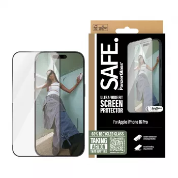PanzerGlass SAFE. by ® Displayschutz mit schwarzem Rahmen iPhone 16 Pro | Ultra-Wide Fit