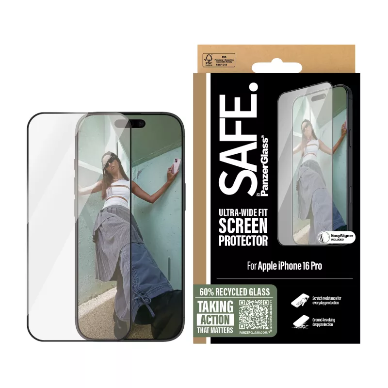 PanzerGlass SAFE. by ® Displayschutz mit schwarzem Rahmen iPhone 16 Pro | Ultra-Wide Fit