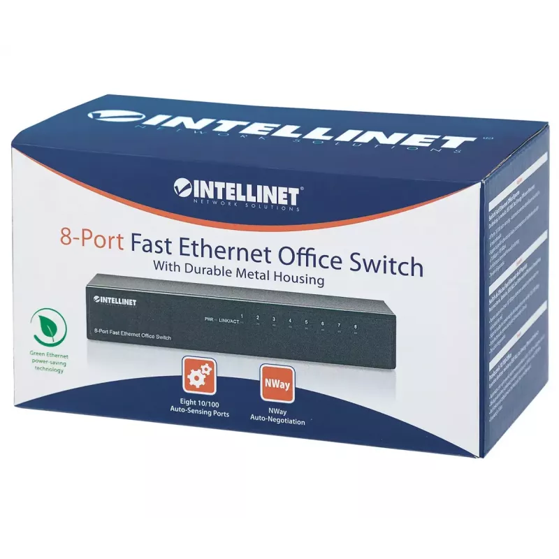 Intellinet 8-Port Fast Ethernet Office Switch, Desktop-Größe, Metall, IEEE 802.3az (energieeffizientes Ethernet), Box