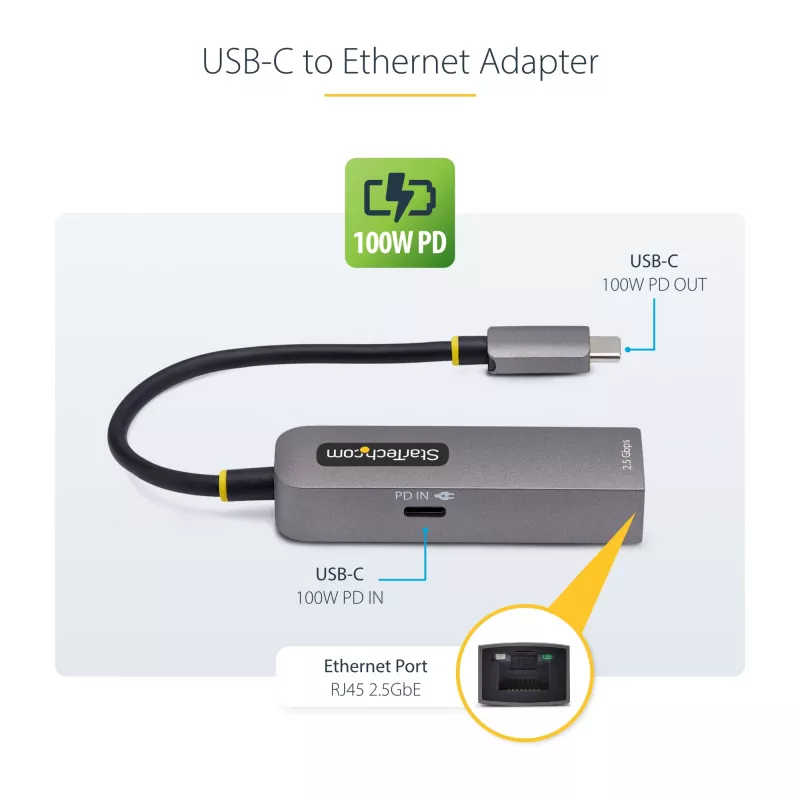 StarTech.com 2.5GbE USB-C zu Ethernet Adapter, 100W PD Passthrough, NBASE-T NIC, USB 3.0 Typ-C 2.5/1G Multi-Speed-Netzwerk, Thunderbolt-kompatibel, Windows & Mac