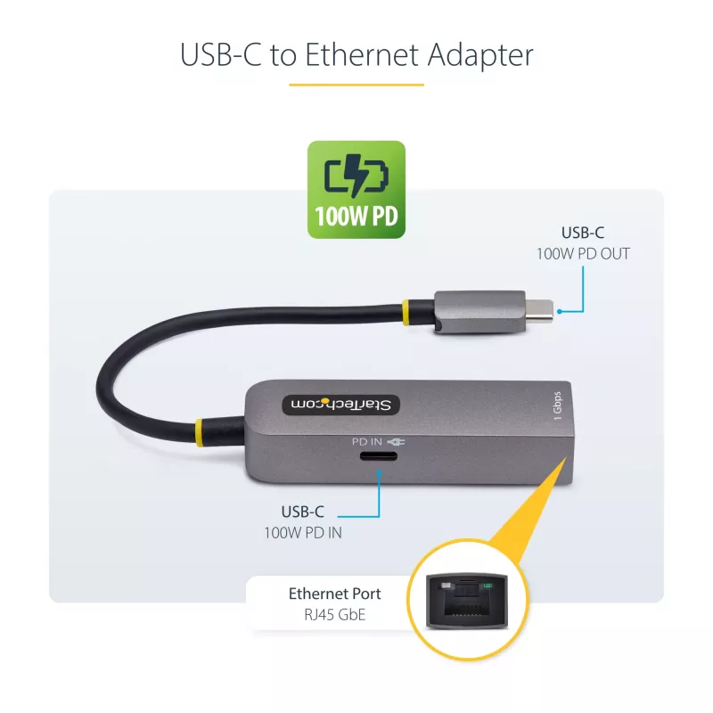 StarTech.com USB-C auf Ethernet Adapter, NIC, 100W PD Durchgang, USB 3.0 Typ-C 1 Gbit/s Multi-Speed Netzwerkadapter, Thunderbolt kompatibel, Windows & Mac