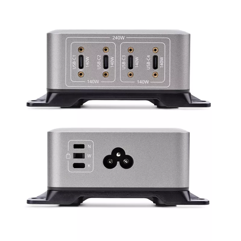StarTech.com 4-Port Multi-Device USB-C Ladegerät, 240W Gesamt, Einzelport 140W EPR, PD 3.1, Schraubverriegelungsports, Konferenzräume, Halterung inkl. für Oberflächenmontage