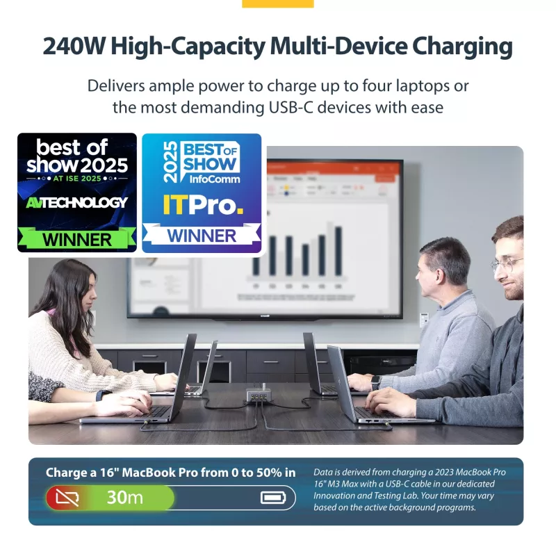 StarTech.com 4-Port Multi-Device USB-C Ladegerät, 240W Gesamt, Einzelport 140W EPR, PD 3.1, Schraubverriegelungsports, Konferenzräume, Halterung inkl. für Oberflächenmontage