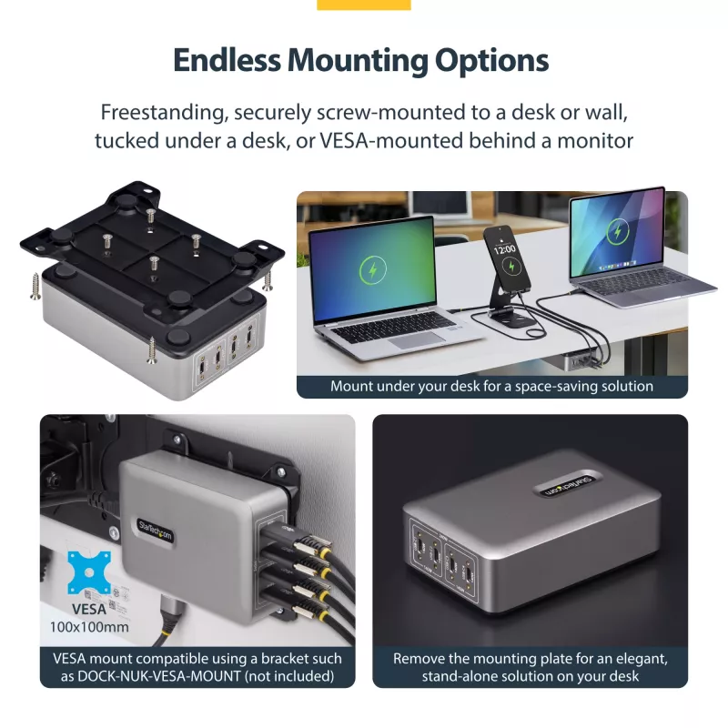 StarTech.com 4-Port Multi-Device USB-C Ladegerät, 240W Gesamt, Einzelport 140W EPR, PD 3.1, Schraubverriegelungsports, Konferenzräume, Halterung inkl. für Oberflächenmontage