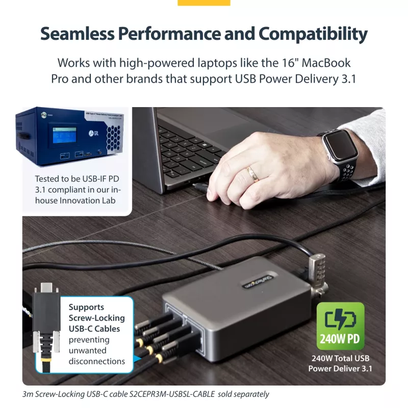 StarTech.com 4-Port Multi-Device USB-C Ladegerät, 240W Gesamt, Einzelport 140W EPR, PD 3.1, Schraubverriegelungsports, Konferenzräume, Halterung inkl. für Oberflächenmontage