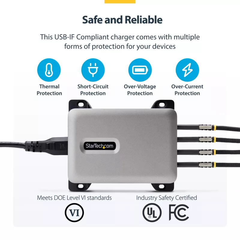 StarTech.com 4-Port Multi-Device USB-C Ladegerät, 240W Gesamt, Einzelport 140W EPR, PD 3.1, Schraubverriegelungsports, Konferenzräume, Halterung inkl. für Oberflächenmontage
