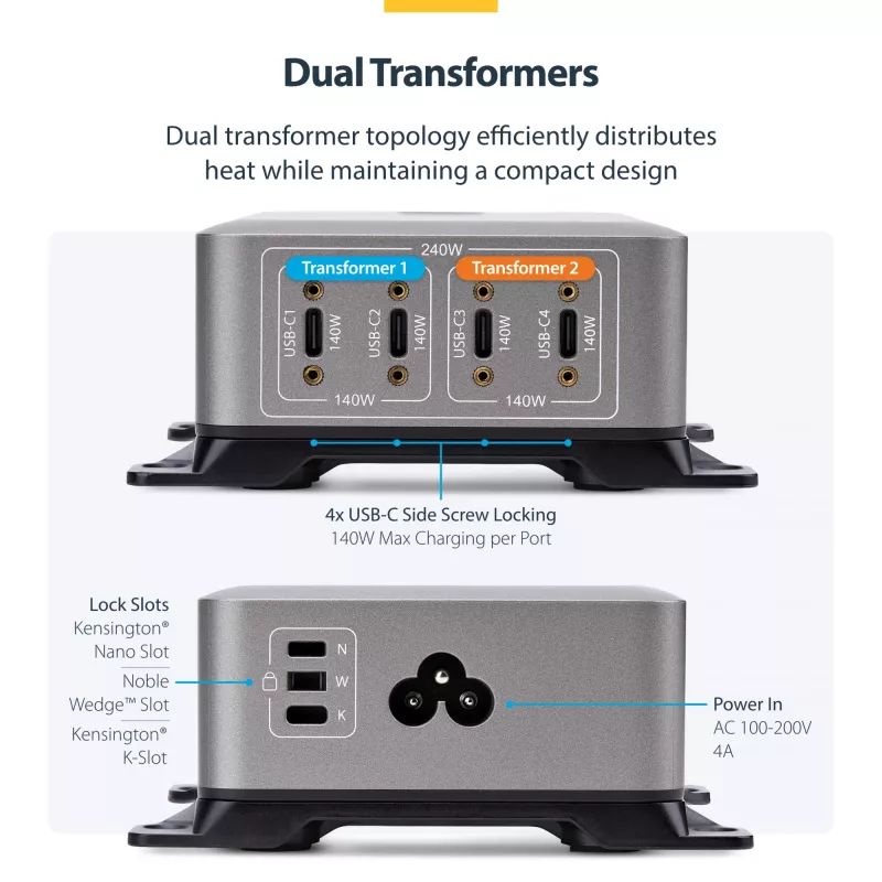 StarTech.com 4-Port Multi-Device USB-C Ladegerät, 240W Gesamt, Einzelport 140W EPR, PD 3.1, Schraubverriegelungsports, Konferenzräume, Halterung inkl. für Oberflächenmontage