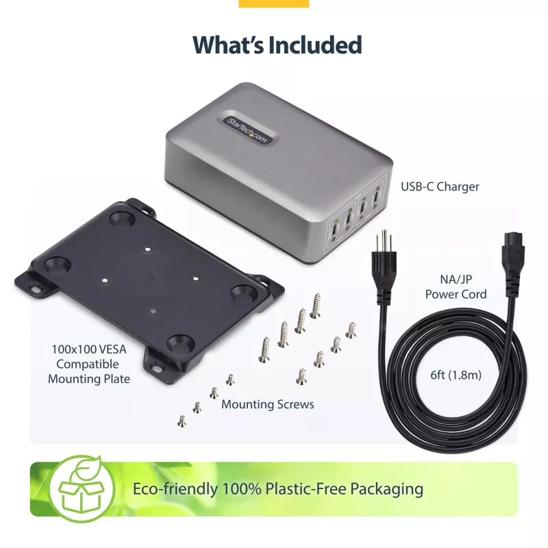 StarTech.com 4-Port Multi-Device USB-C Ladegerät, 240W Gesamt, Einzelport 140W EPR, PD 3.1, Schraubverriegelungsports, Konferenzräume, Halterung inkl. für Oberflächenmontage