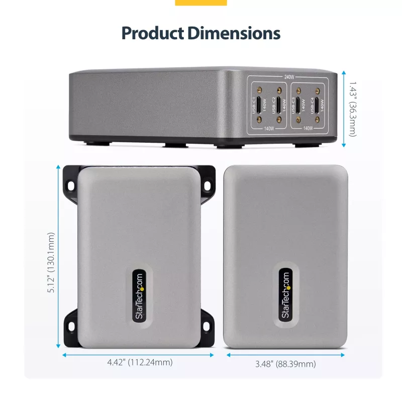 StarTech.com 4-Port Multi-Device USB-C Ladegerät, 240W Gesamt, Einzelport 140W EPR, PD 3.1, Schraubverriegelungsports, Konferenzräume, Halterung inkl. für Oberflächenmontage