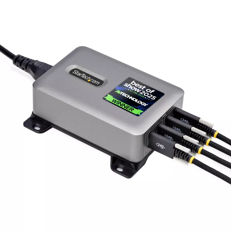 StarTech.com 4-Port Multi-Device USB-C Ladegerät, 240W Gesamt, Einzelport 140W EPR, PD 3.1, Schraubverriegelungsports, Konferenzräume, Halterung inkl. für Oberflächenmontage