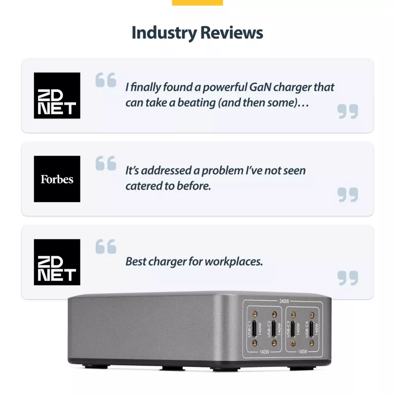 StarTech.com 4-Port Multi-Device USB-C Ladegerät, 240W Gesamt, Einzelport 140W EPR, PD 3.1, Schraubverriegelungsports, Konferenzräume, Halterung inkl. für Oberflächenmontage