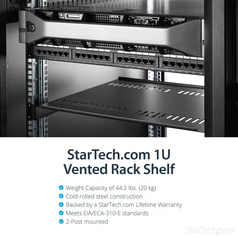 StarTech.com 1U Server Rack Shelf – Universal Vented Rack Mount Cantilever Tray für 19 Zoll Netzwerk-Equipment-Rack & Schrank – Hochbelastbarer Stahl – Tragfähigkeit 44lb/20kg – 16 Zoll tiefes Regal, Schwarz