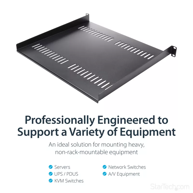 StarTech.com 1U Server Rack Shelf – Universal Vented Rack Mount Cantilever Tray für 19 Zoll Netzwerk-Equipment-Rack & Schrank – Hochbelastbarer Stahl – Tragfähigkeit 44lb/20kg – 16 Zoll tiefes Regal, Schwarz