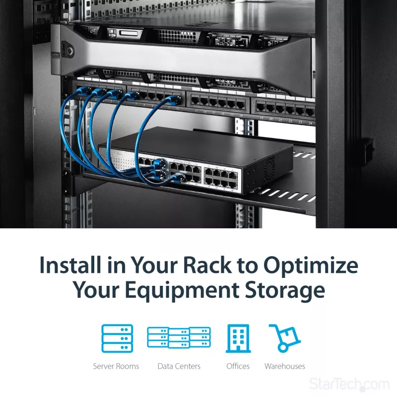 StarTech.com 1U Server Rack Shelf – Universal Vented Rack Mount Cantilever Tray für 19 Zoll Netzwerk-Equipment-Rack & Schrank – Hochbelastbarer Stahl – Tragfähigkeit 44lb/20kg – 16 Zoll tiefes Regal, Schwarz