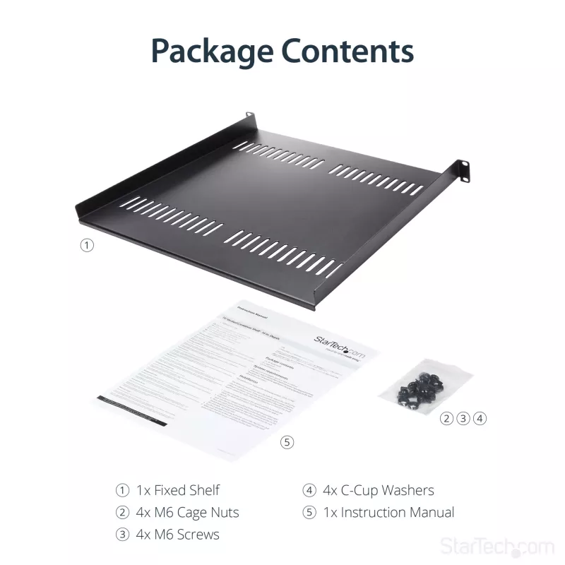 StarTech.com 1U Server Rack Shelf – Universal Vented Rack Mount Cantilever Tray für 19 Zoll Netzwerk-Equipment-Rack & Schrank – Hochbelastbarer Stahl – Tragfähigkeit 44lb/20kg – 16 Zoll tiefes Regal, Schwarz