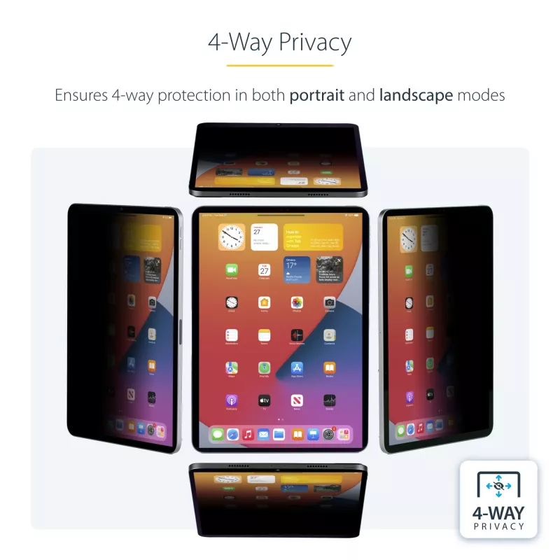StarTech.com 4-Wege-Blickschutzfolie für 12,9-Zoll iPad Pro, 3. Gen. und neuer, für Hoch-/Querformat, touchfähig, +/- 30° Blickwinkel, blockiert bis zu 51 % blaues Licht, matt