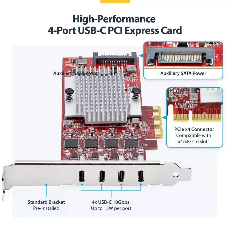 StarTech.com 4-Port USB Type-C PCIe Karte, USB 3.2 10Gbps, USB-C PCI Express Erweiterungskarte, 4x unabhängige USB-Controller, Windows/Linux/macOS, TAA-konform