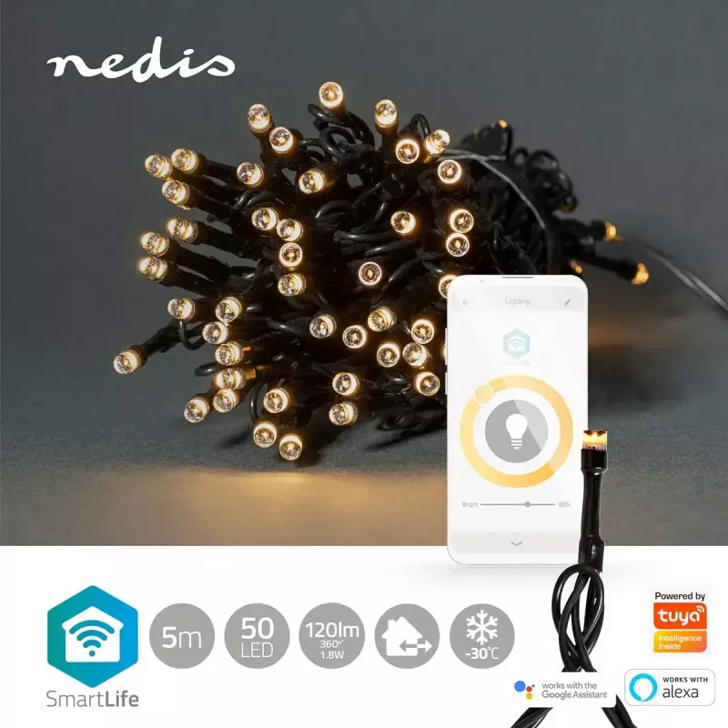 Lichterkette Nedis WIFILX01W50 — 50 LED-Leuchtmittel, 1,81 W, USB, IP65, 5 m Kabel