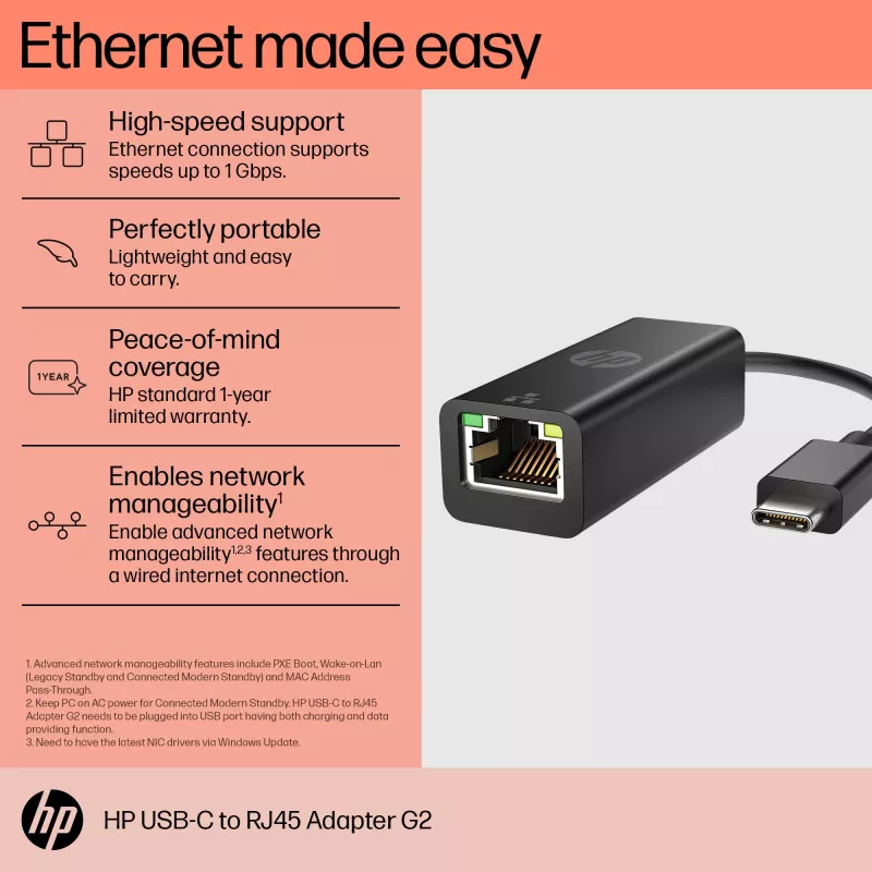 HP USB-C auf RJ45 Adapter G2, Kabelgebunden, USB Typ-C, Schwarz, China, Zuhause, Windows 10, Windows 11