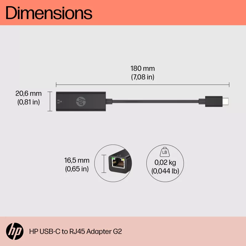 HP USB-C auf RJ45 Adapter G2, Kabelgebunden, USB Typ-C, Schwarz, China, Zuhause, Windows 10, Windows 11