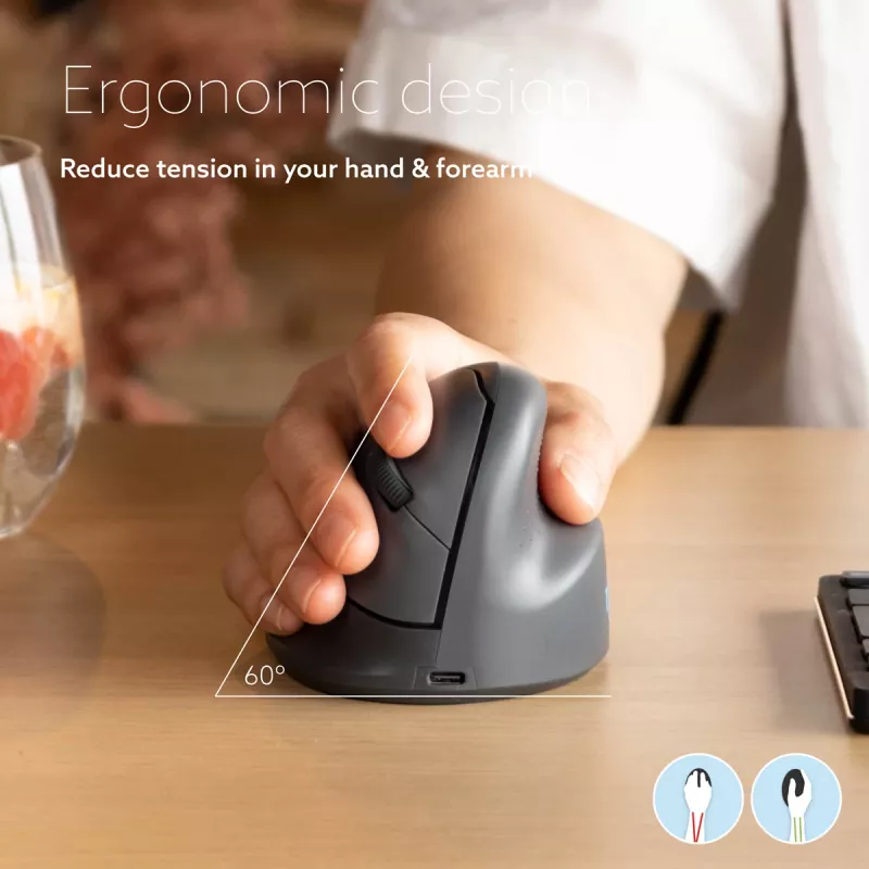 R-Go Tools Vertikale Maus R-Go HE Basic, ergonomische Maus, mittelgroß (Handgröße ≥ 185 mm), rechtshändig, Bluetooth, grau