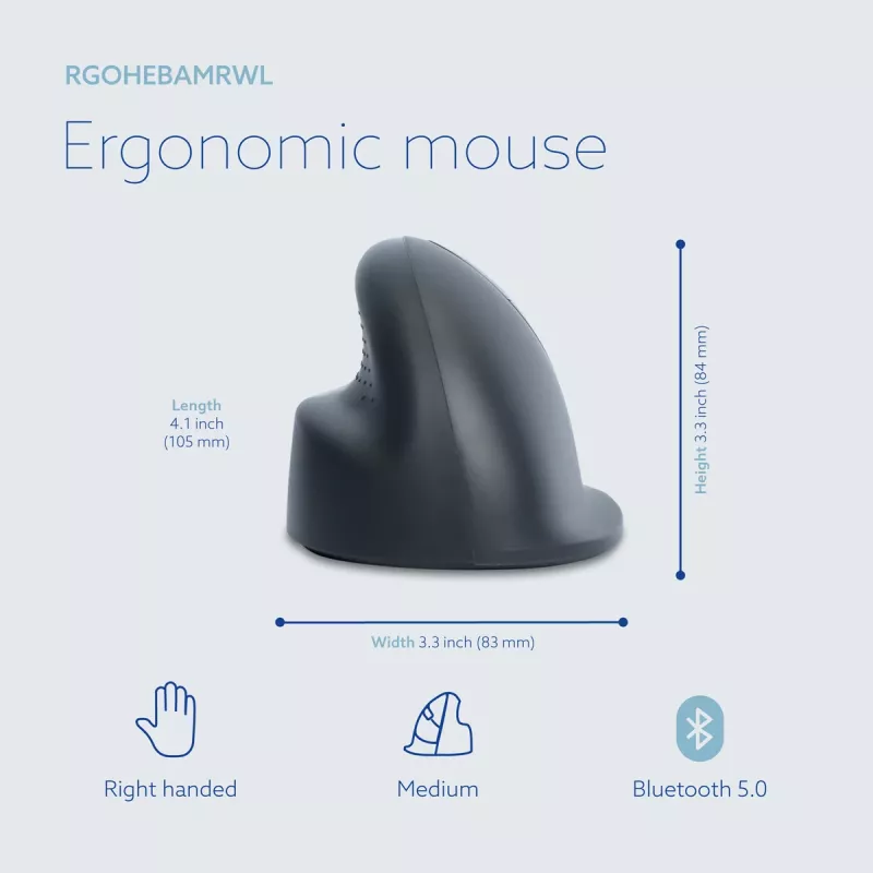 R-Go Tools Vertikale Maus R-Go HE Basic, ergonomische Maus, mittelgroß (Handgröße ≥ 185 mm), rechtshändig, Bluetooth, grau