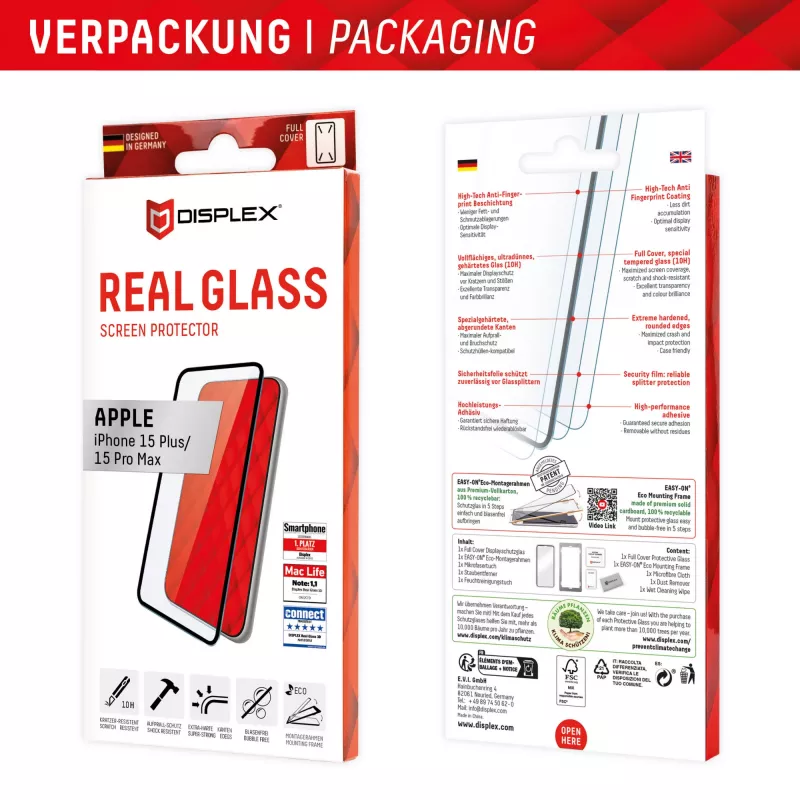 Displex Full Cover Screen Protector (10H) für Apple iPhone 15 Plus/15 Pro Max, Eco-Montagerahmen, Vollabdeckung