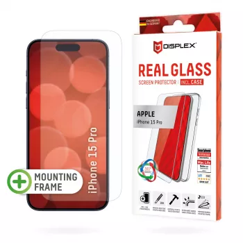 Displex Displayschutzfolie + Hülle für Apple iPhone 15 Pro, Eco-Montagerahmen, kratzfest