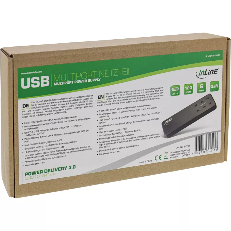 InLine Multiport-Netzteil, Ladegerät, 6x USB-C, PD 3.0, GaN, schwarz