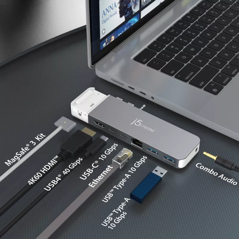 USB Hub j5create JCD395 4K60 Elite Pro Wired USB4 mit MagSafe Kit