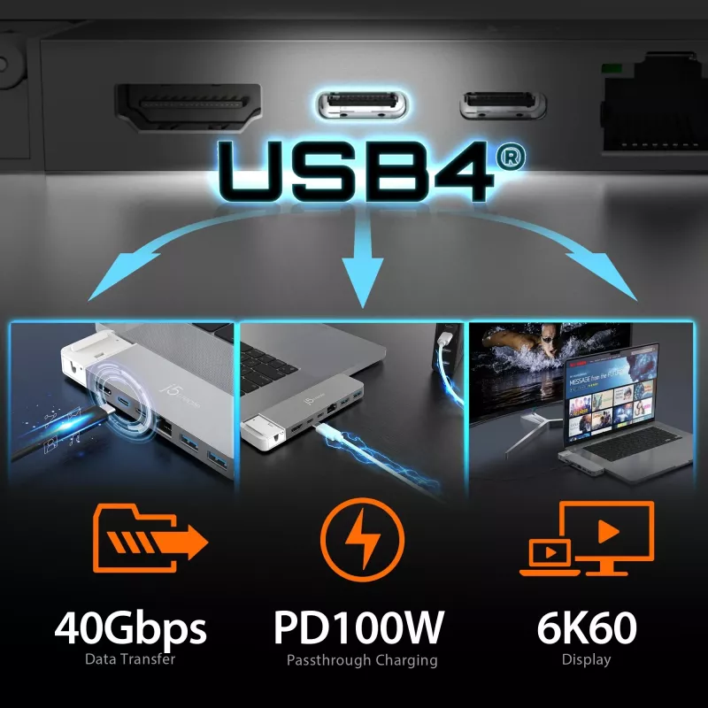 USB Hub j5create JCD395 4K60 Elite Pro Wired USB4 mit MagSafe Kit