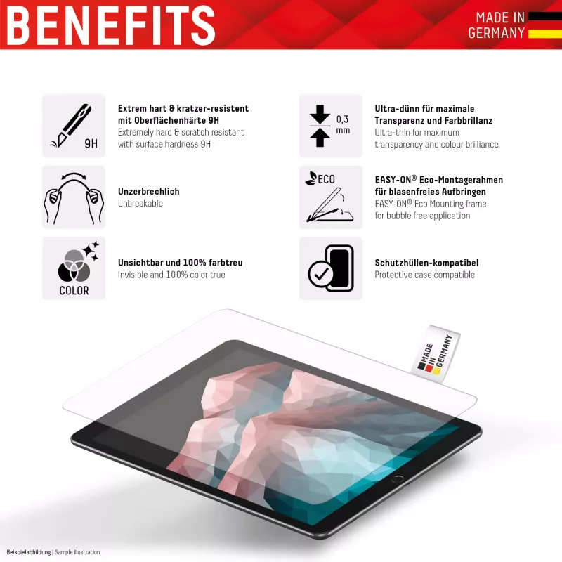 Displex Tablet Glass (9H) für Samsung Galaxy Tab S6 Lite, Eco Montagerahmen, unzerbrechlich, ultradünn, unsichtbar