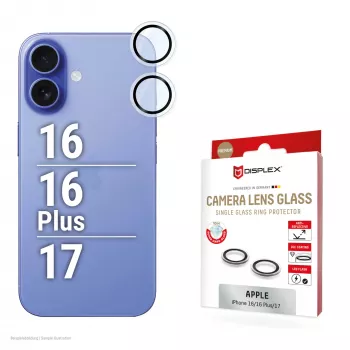 Displex Premium Kamera-Linsen-Glas, iPhone 16/16 Plus/17 Glas, 10H, Single Rings, DLC, transparent, Quick Mount