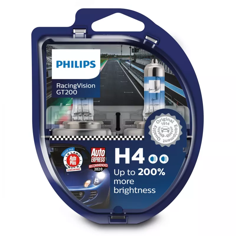 Philips RacingVision GT200 12342RGTS2 Hochleistungslampe, 60 W, 12 V, H4, Halogen, 3600 K, 2 Stück
