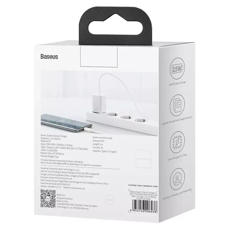 Baseus Super Si Indoor-Ladegerät Weiß Schnellladung 12V 1xUSB-C