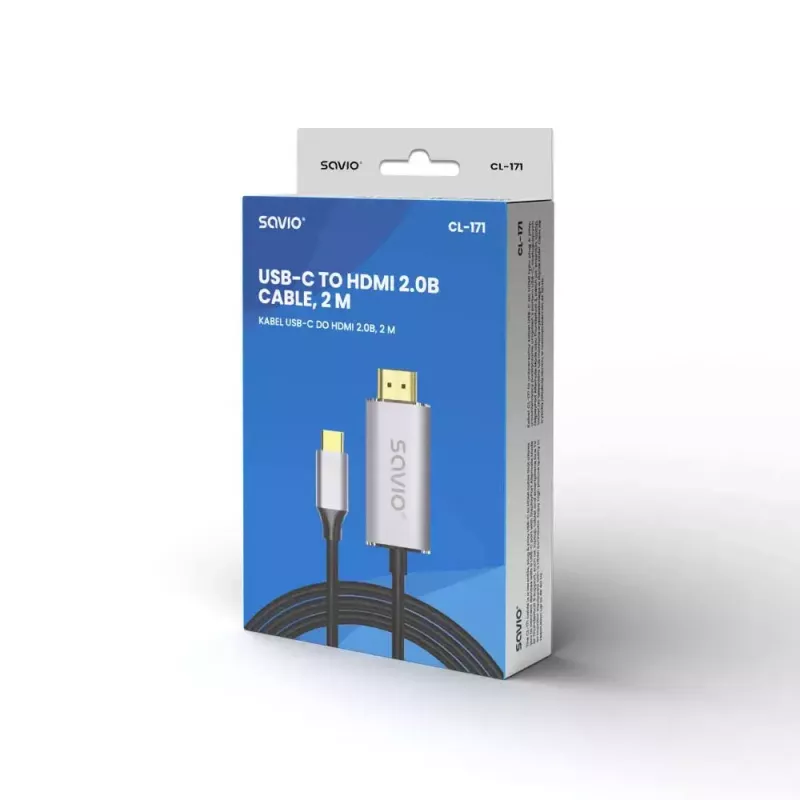 USB-C auf HDMI 2.0b Kabel SAVIO CL-171 — 2 m, USB-C Stecker auf HDMI Typ A Stecker, 4K 4096×2160, silbernes Kabel mit schwarzen und goldenen Spitzen