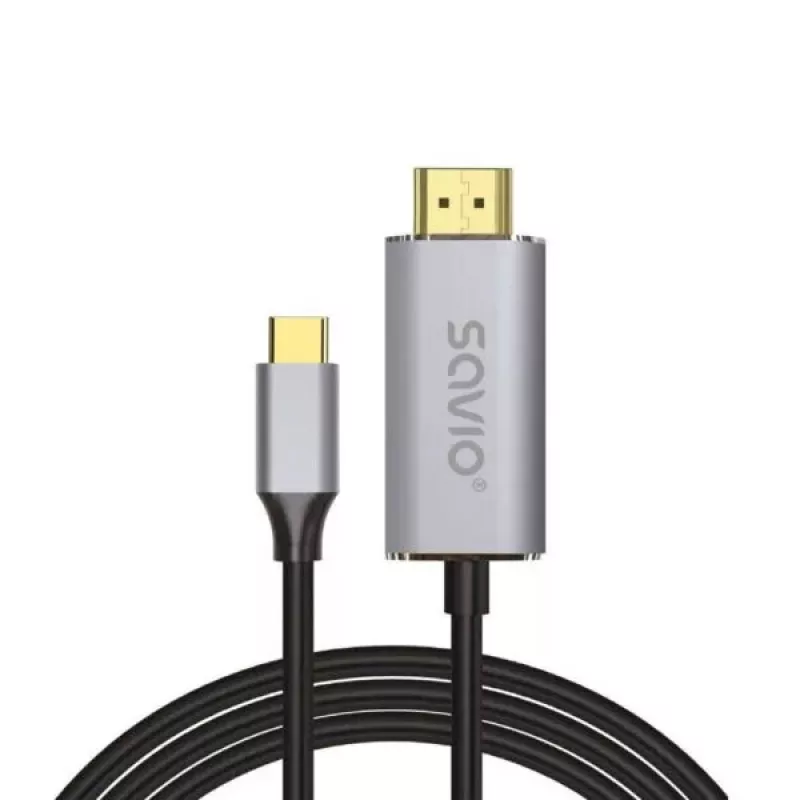 USB-C auf HDMI 2.0b Kabel SAVIO CL-171 — 2 m, USB-C Stecker auf HDMI Typ A Stecker, 4K 4096×2160, silbernes Kabel mit schwarzen und goldenen Spitzen