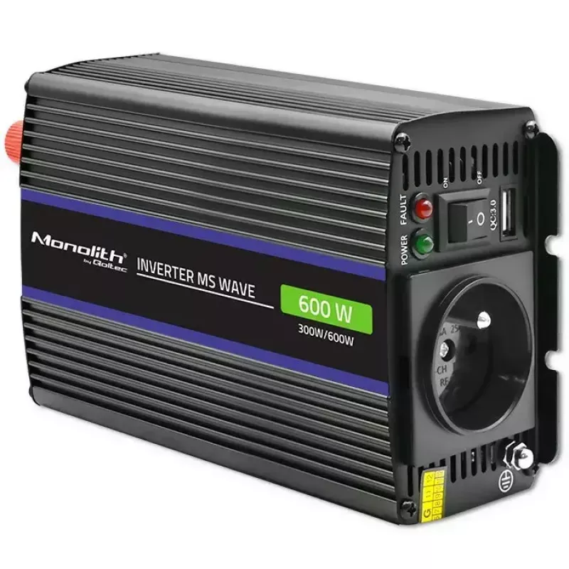 Spannungswandler QOLTEC Monolith 600 MS Wave 12V auf 230V 600W, reine/sinusförmige oder modifizierte Welle wie angegeben