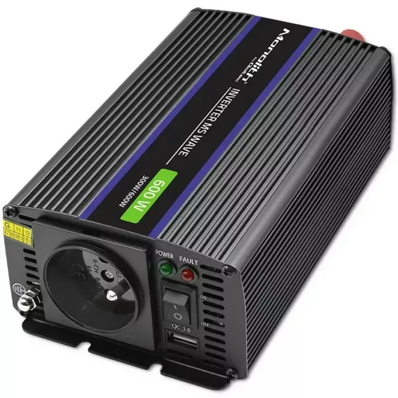 Spannungswandler QOLTEC Monolith 600 MS Wave 12V auf 230V 600W, reine/sinusförmige oder modifizierte Welle wie angegeben