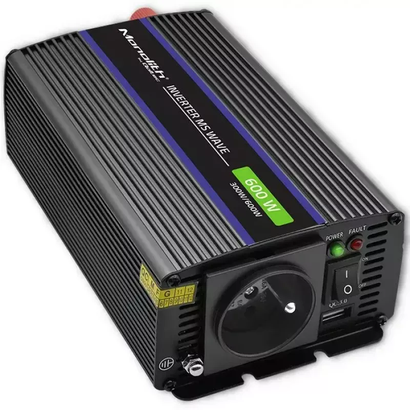 Spannungswandler QOLTEC Monolith 600 MS Wave 12V auf 230V 600W, reine/sinusförmige oder modifizierte Welle wie angegeben