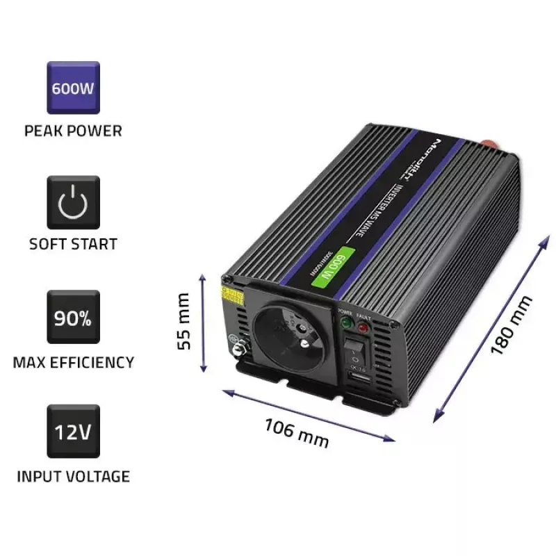 Spannungswandler QOLTEC Monolith 600 MS Wave 12V auf 230V 600W, reine/sinusförmige oder modifizierte Welle wie angegeben