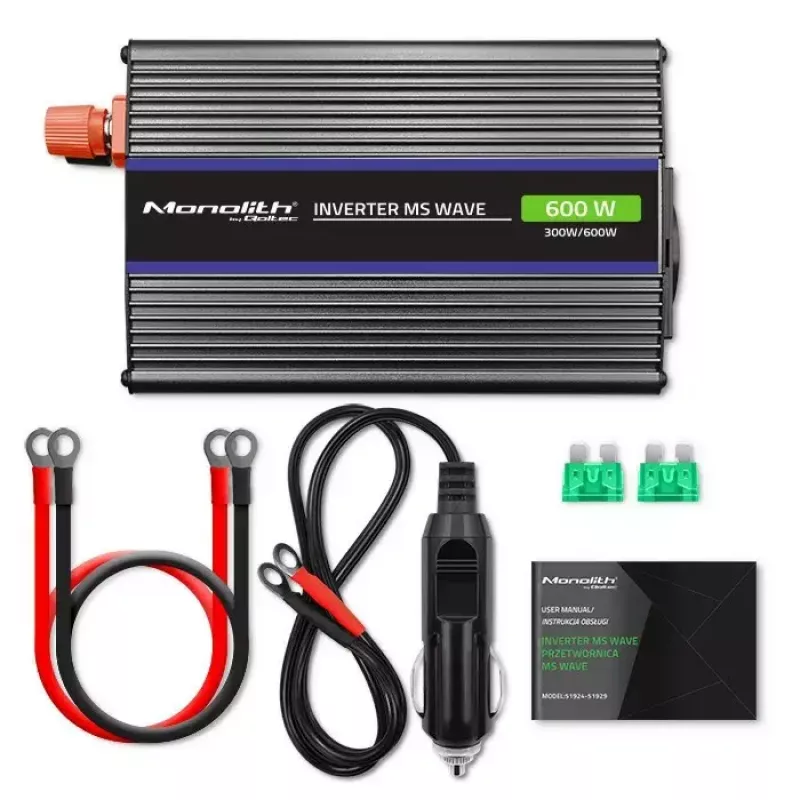 Spannungswandler QOLTEC Monolith 600 MS Wave 12V auf 230V 600W, reine/sinusförmige oder modifizierte Welle wie angegeben