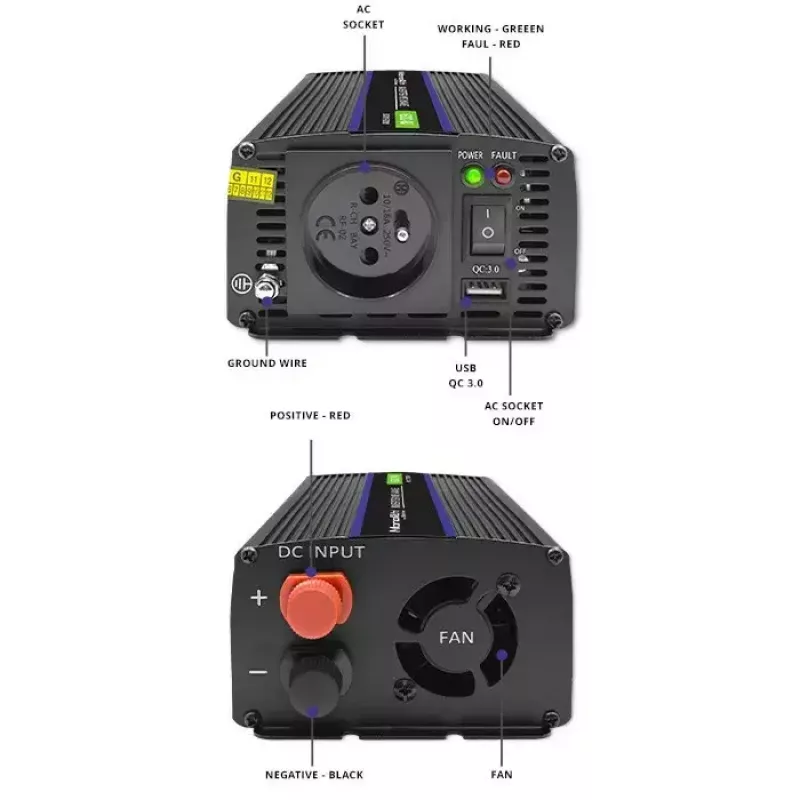 Spannungswandler QOLTEC Monolith 600 MS Wave 12V auf 230V 600W, reine/sinusförmige oder modifizierte Welle wie angegeben