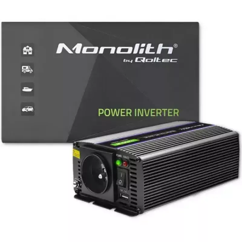 Wechselrichter QOLTEC Monolith 600 W — 12 V auf 230 V, USB PD 18 W, Auto/Innenbereich, schwarz