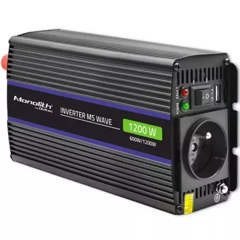 Wechselrichter QOLTEC Monolith 600 W — 12 V auf 230 V, USB PD 18 W, Auto/Innenbereich, schwarz