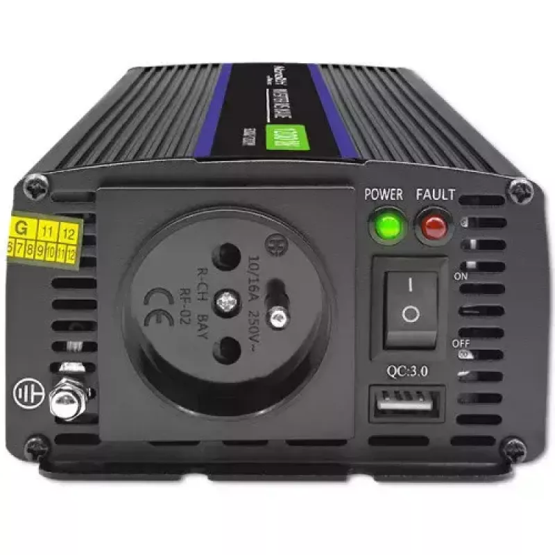 Wechselrichter QOLTEC Monolith 600 W — 12 V auf 230 V, USB PD 18 W, Auto/Innenbereich, schwarz