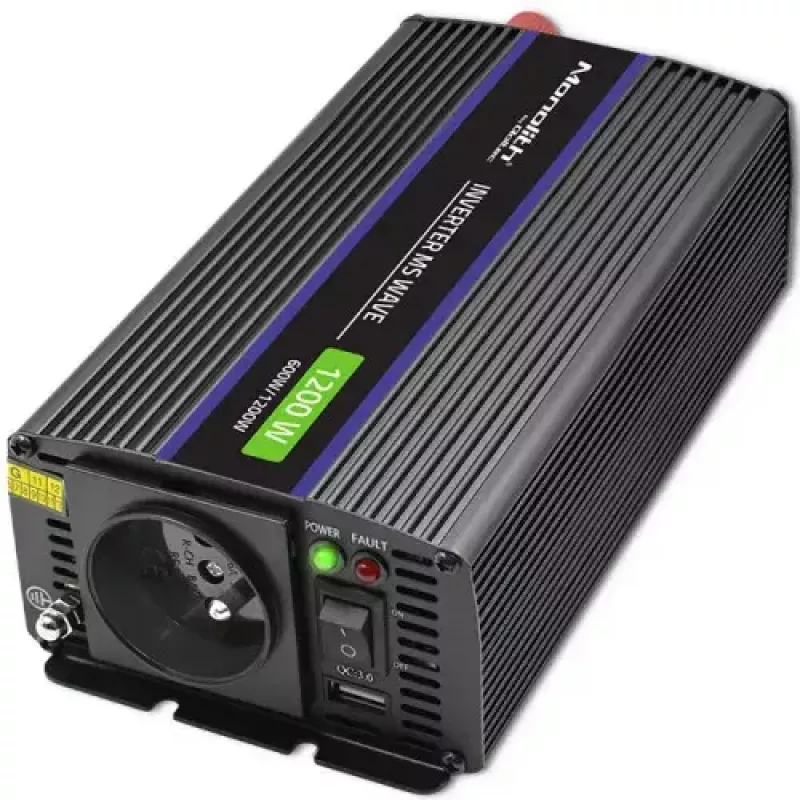Wechselrichter QOLTEC Monolith 600 W — 12 V auf 230 V, USB PD 18 W, Auto/Innenbereich, schwarz