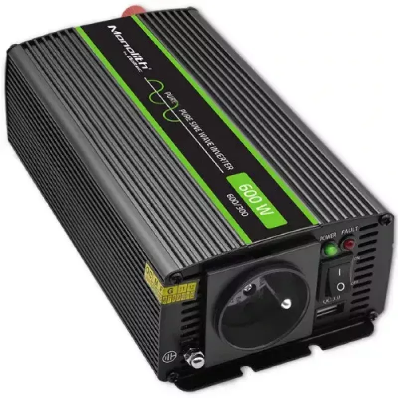 Wechselrichter QOLTEC Monolith 600 W — 12 V auf 230 V, USB PD 18 W, Auto/Innenbereich, schwarz