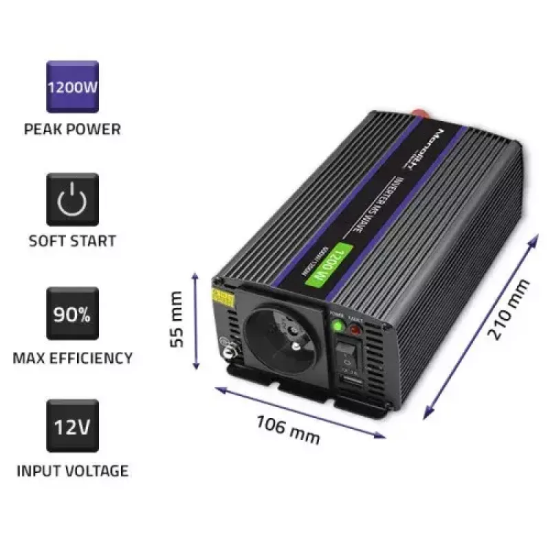 Wechselrichter QOLTEC Monolith 600 W — 12 V auf 230 V, USB PD 18 W, Auto/Innenbereich, schwarz