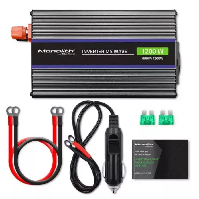 Wechselrichter QOLTEC Monolith 600 W — 12 V auf 230 V, USB PD 18 W, Auto/Innenbereich, schwarz